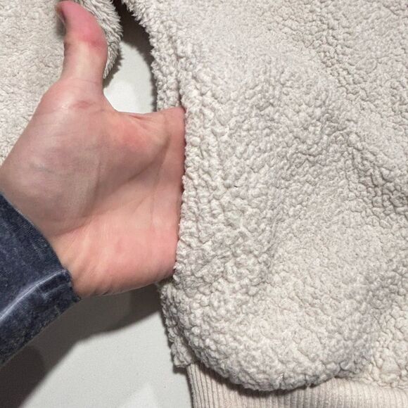 Forever 21 Women's Large Cream White Sherpa Hooded Jacket Pockets Full Zip SZ S - Picture 14 of 16